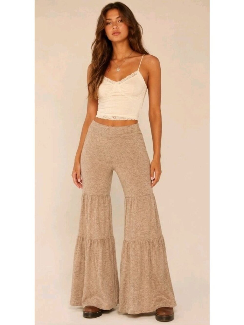 Fashion Nova Bellbottom Pants Tiered Stretch Boho Hippie Size XS Marled Brown